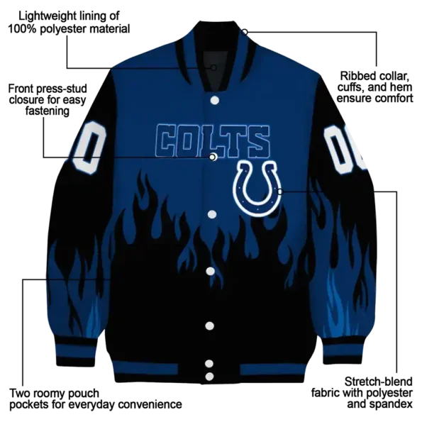 personalized indianapolis colts flame border blue black varsity jacket new arrival.webp