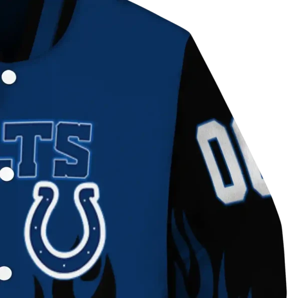personalized indianapolis colts flame border blue black varsity jacket premium grade.webp