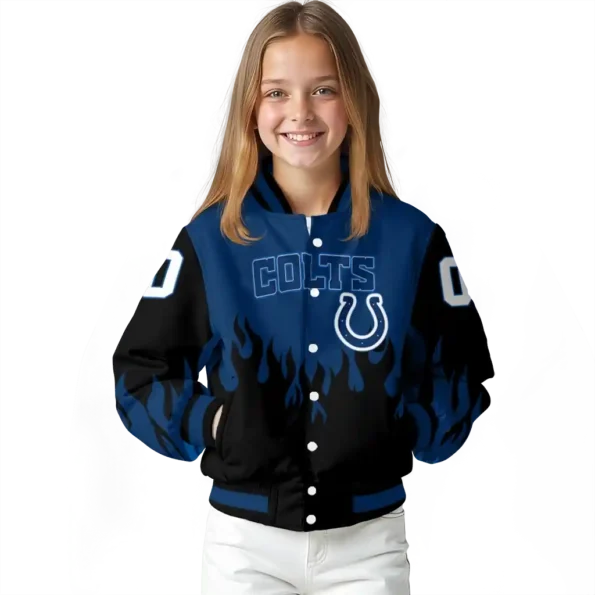 personalized indianapolis colts flame border blue black varsity jacket top rated.webp