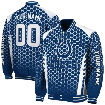 personalized indianapolis colts hexagon grid blue varsity jacket fashion forward.webp