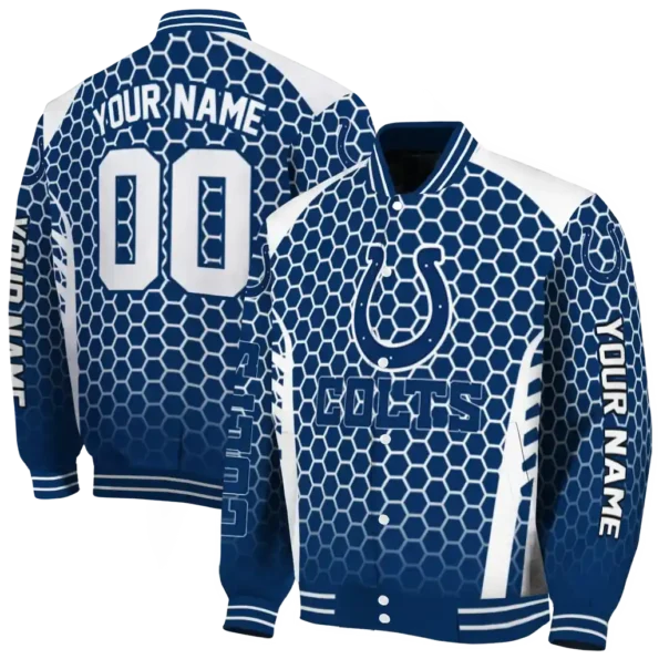 personalized indianapolis colts hexagon grid blue varsity jacket fashion forward.webp