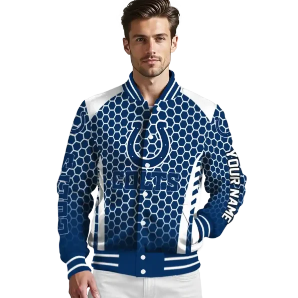 personalized indianapolis colts hexagon grid blue varsity jacket high quality.webp