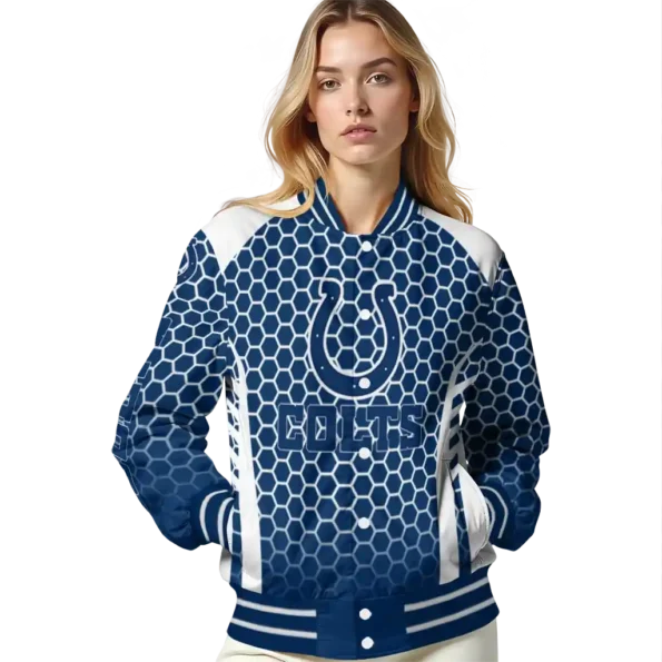 personalized indianapolis colts hexagon grid blue varsity jacket latest model.webp