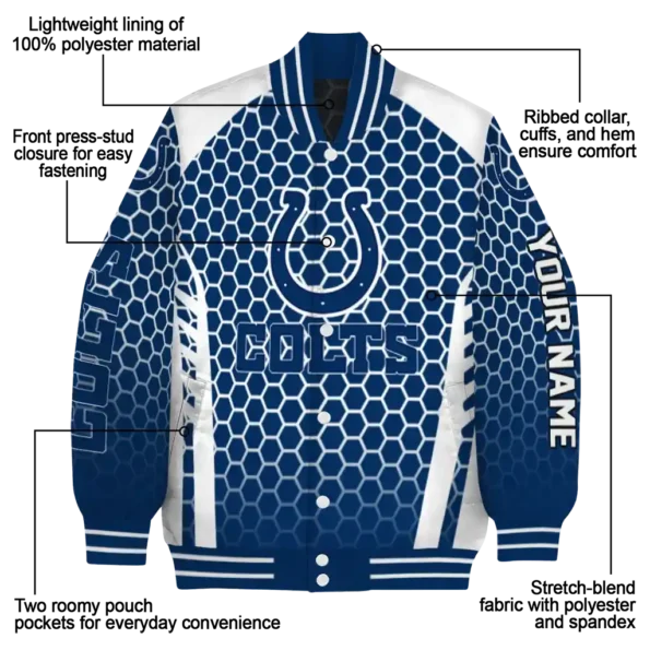 personalized indianapolis colts hexagon grid blue varsity jacket new arrival.webp