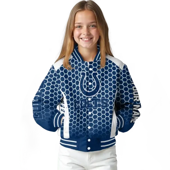 personalized indianapolis colts hexagon grid blue varsity jacket top rated.webp