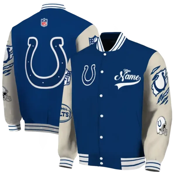 personalized indianapolis colts razorback outline blue nude varsity jacket fashion forward.webp