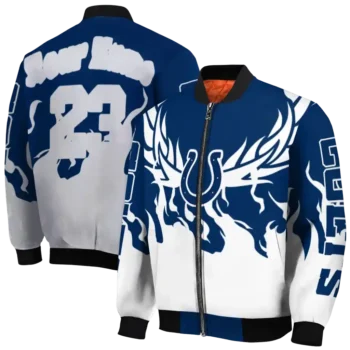 personalized indianapolis colts winged blaze blue white bomber jacket fashion forward