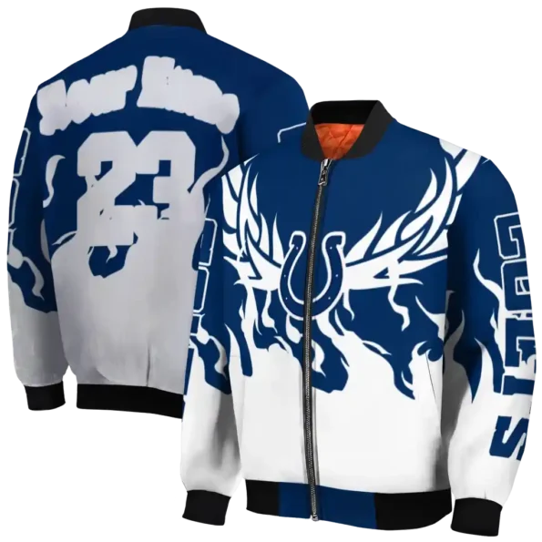 personalized indianapolis colts winged blaze blue white bomber jacket fashion forward