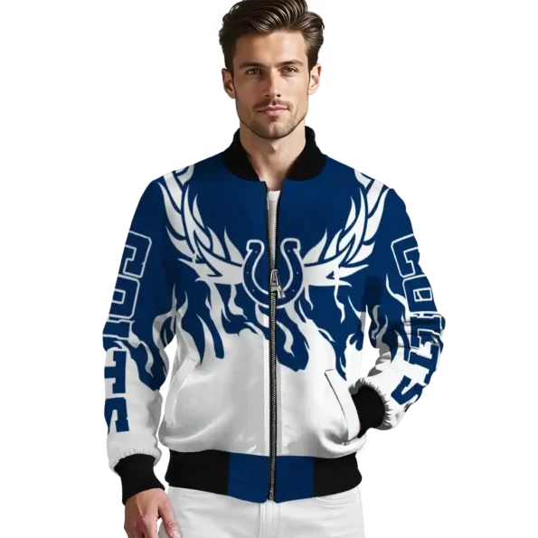 personalized indianapolis colts winged blaze blue white bomber jacket high quality