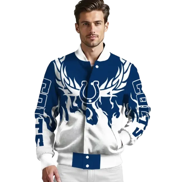 personalized indianapolis colts winged blaze blue white varsity jacket high quality.webp