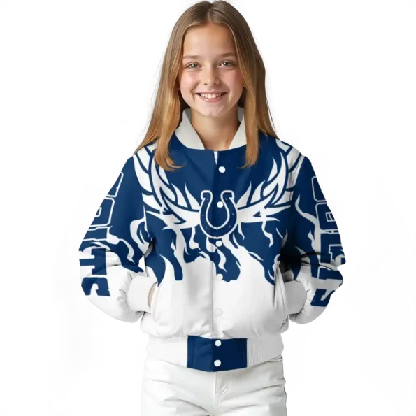 personalized indianapolis colts winged blaze blue white varsity jacket top rated.webp
