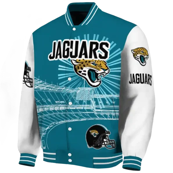 personalized jacksonville jaguars ferris arena teal white varsity jacket best selling.webp