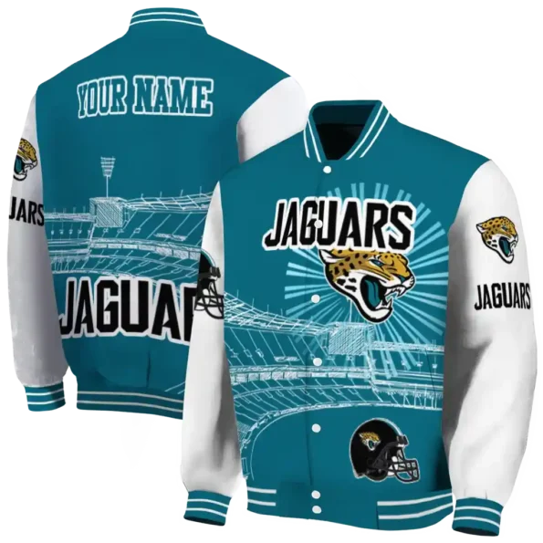 personalized jacksonville jaguars ferris arena teal white varsity jacket fashion forward.webp