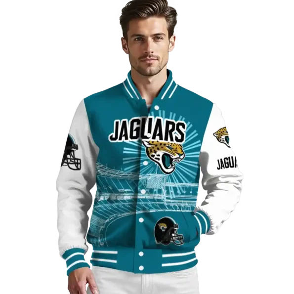 personalized jacksonville jaguars ferris arena teal white varsity jacket high quality.webp