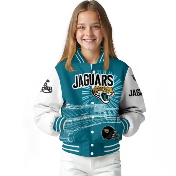 personalized jacksonville jaguars ferris arena teal white varsity jacket top rated.webp