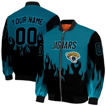 personalized jacksonville jaguars flame border teal black bomber jacket fashion forward