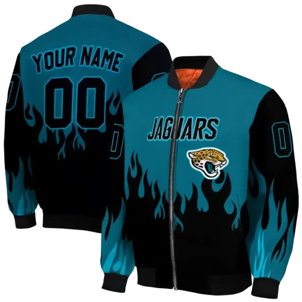 personalized jacksonville jaguars flame border teal black bomber jacket fashion forward