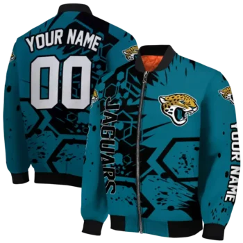 personalized jacksonville jaguars hexagon cluster teal black bomber jacket fashion forward