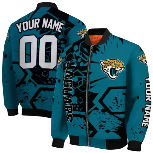 personalized jacksonville jaguars hexagon cluster teal black bomber jacket fashion forward