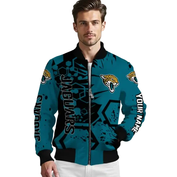 personalized jacksonville jaguars hexagon cluster teal black bomber jacket high quality