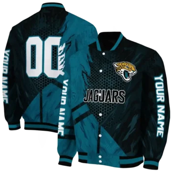 personalized jacksonville jaguars hexagon mesh teal black varsity jacket fashion forward.webp