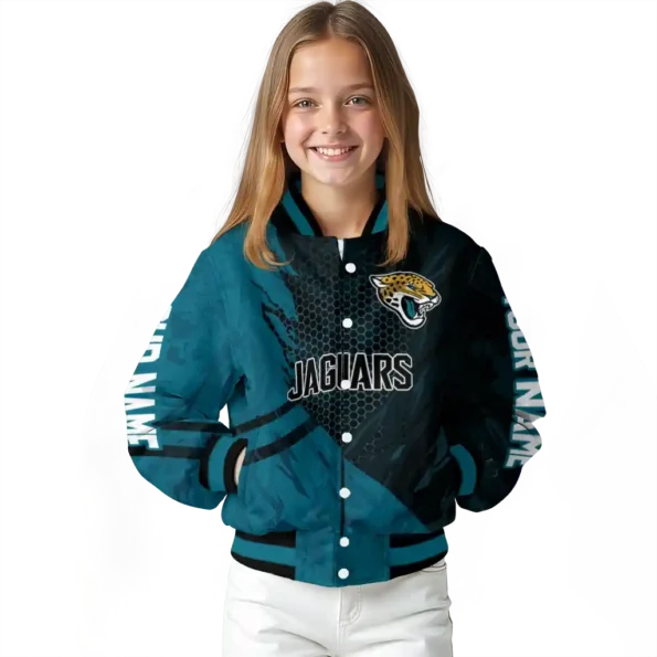 personalized jacksonville jaguars hexagon mesh teal black varsity jacket top rated.webp