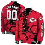 personalized kansas city chiefs hexagon cluster red black varsity jacket best selling