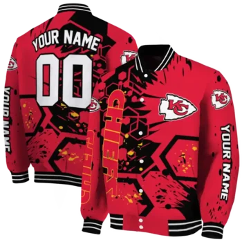 personalized kansas city chiefs hexagon cluster red black varsity jacket fashion forward