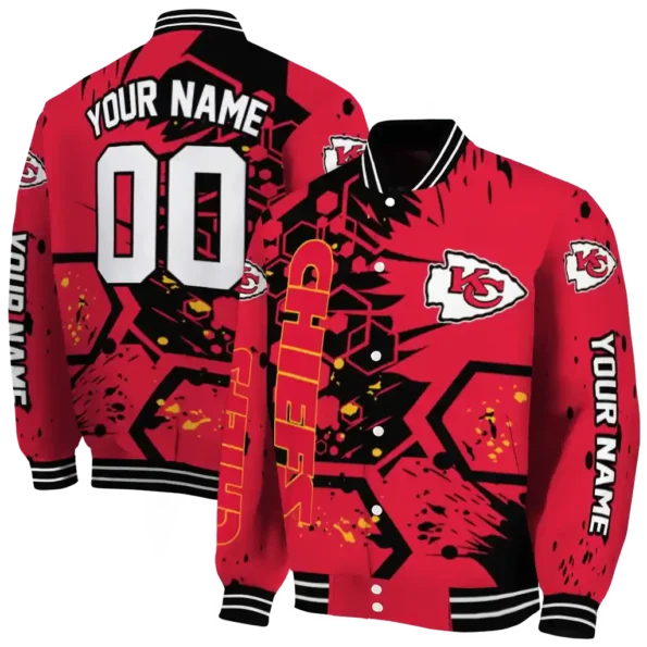 personalized kansas city chiefs hexagon cluster red black varsity jacket fashion forward