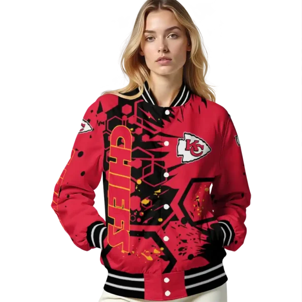 personalized kansas city chiefs hexagon cluster red black varsity jacket latest model
