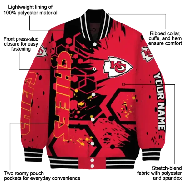personalized kansas city chiefs hexagon cluster red black varsity jacket new arrival