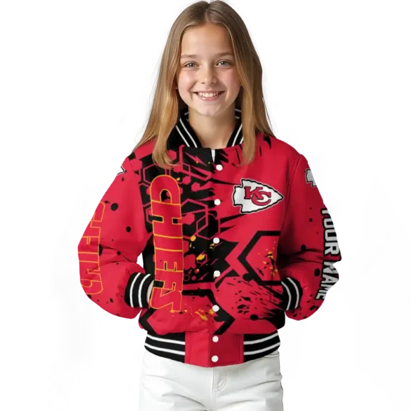 personalized kansas city chiefs hexagon cluster red black varsity jacket top rated