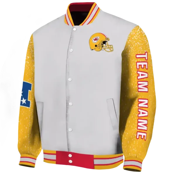 personalized kansas city chiefs speckled arms red gray varsity jacket best selling