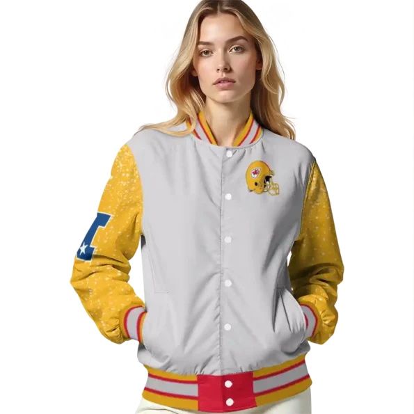 personalized kansas city chiefs speckled arms red gray varsity jacket latest model
