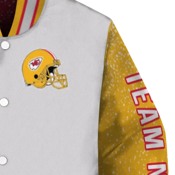 personalized kansas city chiefs speckled arms red gray varsity jacket premium grade