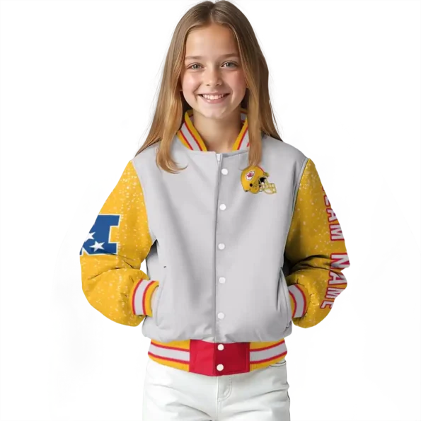 personalized kansas city chiefs speckled arms red gray varsity jacket top rated