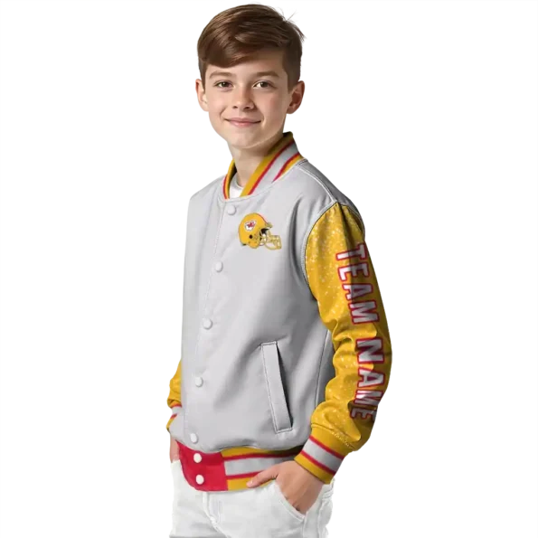 personalized kansas city chiefs speckled arms red gray varsity jacket trendy