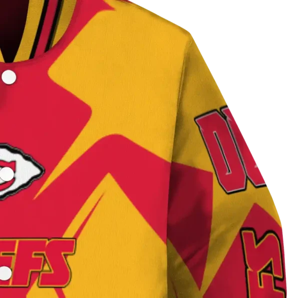 personalized kansas city chiefs spider mark red gold crocs varsity jacket premium grade.webp