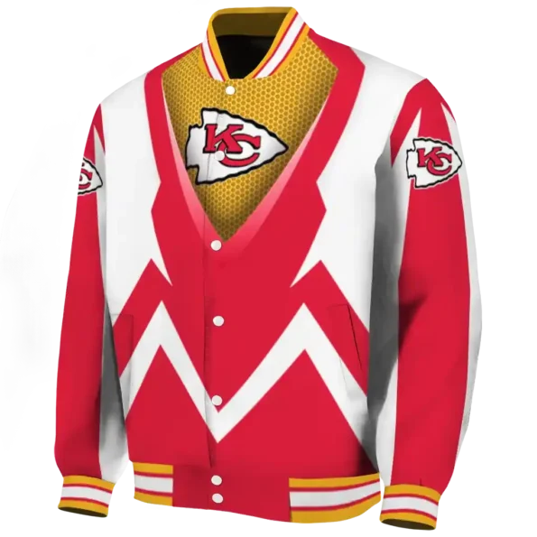personalized kansas city chiefs v stripes red white varsity jacket best selling