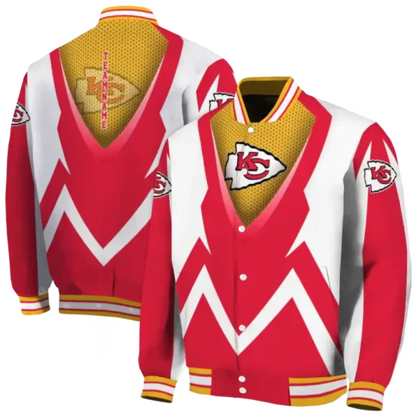 personalized kansas city chiefs v stripes red white varsity jacket fashion forward