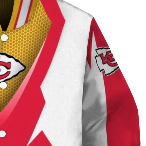 personalized kansas city chiefs v stripes red white varsity jacket premium grade