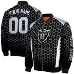 personalized las vegas raiders hexagon grid black bomber jacket best selling