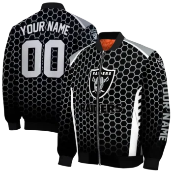 personalized las vegas raiders hexagon grid black bomber jacket fashion forward