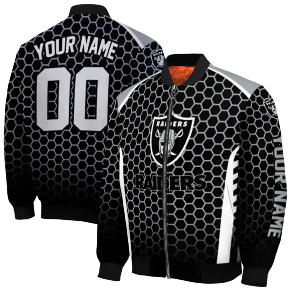 personalized las vegas raiders hexagon grid black bomber jacket fashion forward