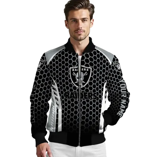 personalized las vegas raiders hexagon grid black bomber jacket high quality