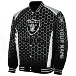 personalized las vegas raiders hexagon grid black varsity jacket best selling