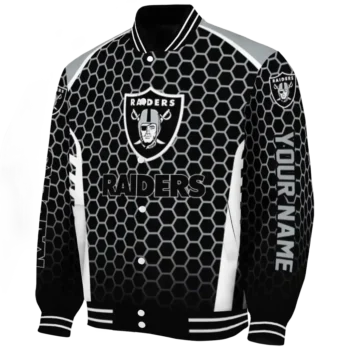 personalized las vegas raiders hexagon grid black varsity jacket best selling