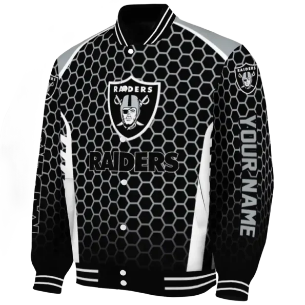 personalized las vegas raiders hexagon grid black varsity jacket best selling