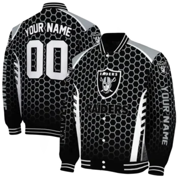 personalized las vegas raiders hexagon grid black varsity jacket fashion forward