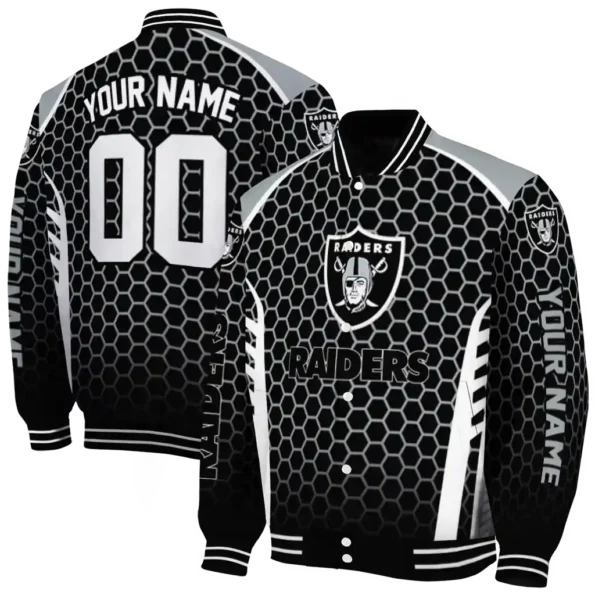 personalized las vegas raiders hexagon grid black varsity jacket fashion forward